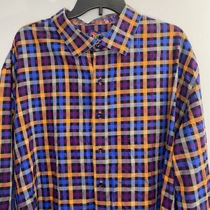 Robert Graham Flip Cuff Men's Size 3XL‎ Orange Purple Blue Plaid Button Up Shirt